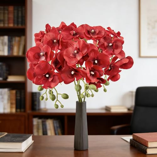 HCTCPALS Artificial Flowers for Outdoors 6 Pcs Orchids Plant Realistic Silk Fake Flowers for UV Resistant Faux Plants Outdoor Indoor Outside Front Porch Hanging Planter Decoration-38" Red - color: Orchid Red