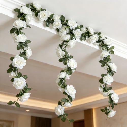 Artificial Flower Garland 90.5 Inch/230CM - Fake Roses Vines Floral Vines, Silk Faux Plastic Hanging Floral Garland for Wedding Arch, Bedroom, Home Wall, Backdrop, Outdoor & Indoor Decor (White) - color: White
