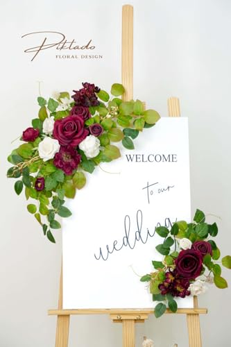 Wedding Decor (Pack of 2) Welcome Sign Flower Backdrop Garland for Ceremony Reception Wall Easel Home Decoration Entryway Faux Outdoor Board Head Table Decor (Burgundy & White) - color: Burgundy & White