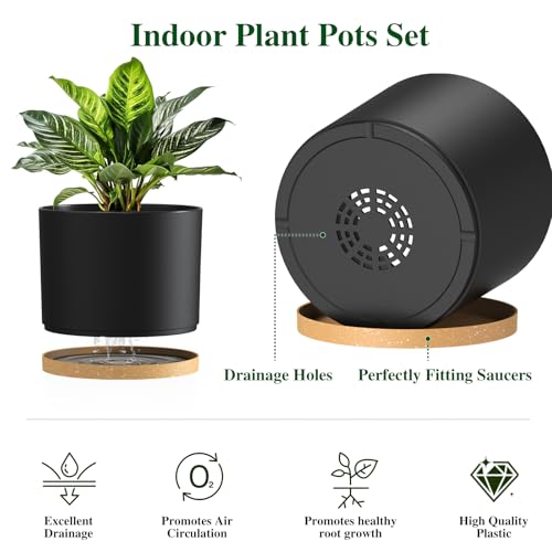 Plant Pots, 10/9/8 Inch 3 Pack Cylindrical Flower Pots with Drainage Holes and Saucers, Plastic Planters for Outdoor Indoor Plants,Black Brown - color: Black With Brown