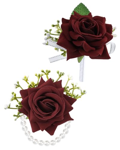 eZAKKA 2Pcs Wristlet Corsage and Boutonniere Set, Red Rose Boutonniere for Men, Flower Wrist Corsage Bracelets Decorations for Wedding Party Prom Suit - color: Red