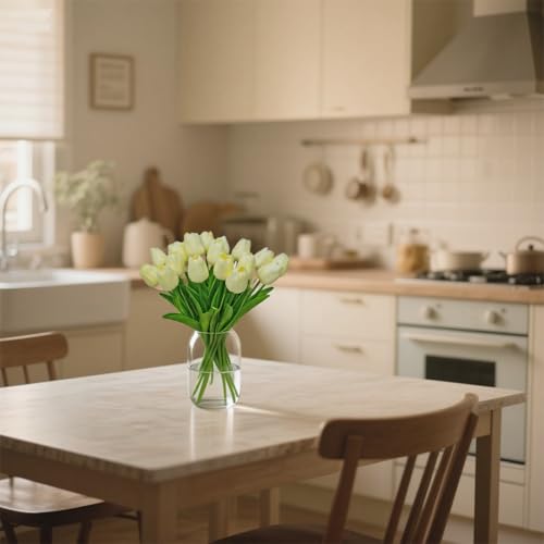 20pcs Fake Tulips Artificial Flowers Faux Flowers PU Faux tulips 13 Inch Mother's Day Easter Valentine’S Day Gifts in Home Kitchen Spring Decorations For Home (Cream) - color: Cream