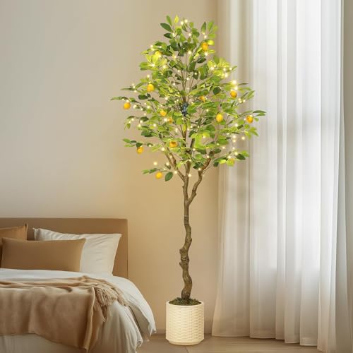 6 ft Artificial Lemon Tree Indoor, Pre Potted Faux Tree with Realistic Fruits & 100 Lighted Tree, Fake Tree for Home Decor; Artificial Plants Indoor for Office,Home,Living Room