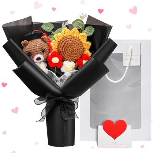 Graduation Crochet Flower Bouquet Set Includes Knitted Bear Knitted Sunflower Daisy Eucalyptus Greeting Card Gift Bag 2026 Black Flower Bouquet Graduation Gift - color: Black, style: Knitted Bear and Sunflowers