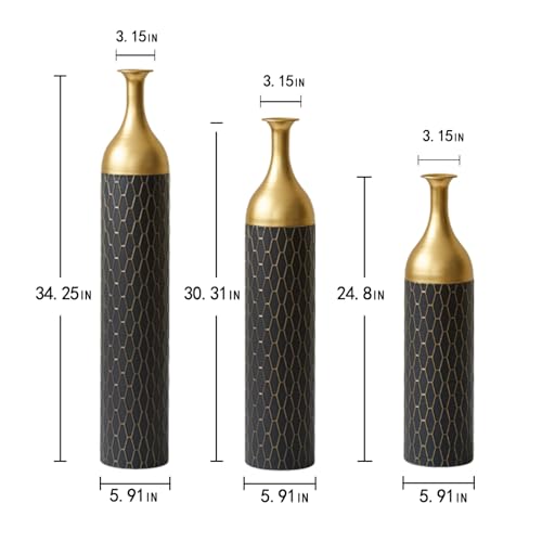 Metal Floor Vases Decorative, Set of 3 Flower Arrangement Stand, Tall Gold＆Black Metal Floor Vases for Living Room, Bedroom & Entryway, 34.25", 30.31", 24.8" H (Gold＆Black) - color: Gold＆black