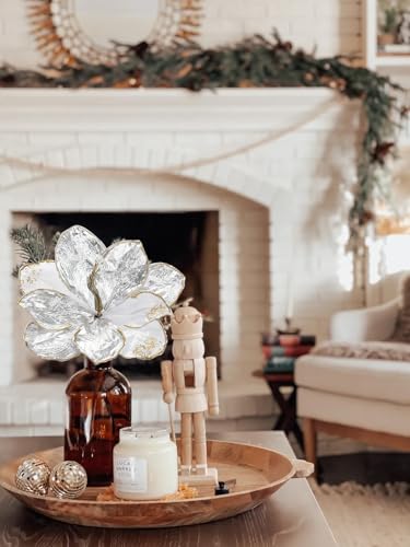 Briful Magnolia Artificial Flowers 21.2" White Silver Fake Magnolia Flower Stems with Specially Designed Mottled Petals Christmas Tree Flowers for Holiday Wreath Garland Xmas Decor - color: White Silver