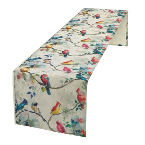 Birds Flowers Spring Table Runner,Watercolor Floral Leaves Seasonal Home Party Kitchen Dining Table Decoration 13x36 in - color: Bird_9, size: 13x36inch