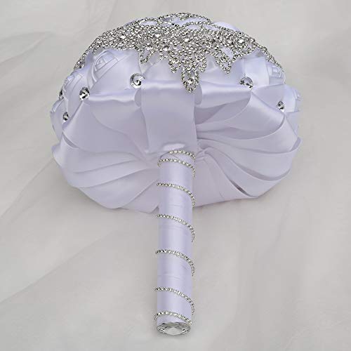 Big Size (8.26") Handmade Rhinestones White Bridal Wedding Bouquet Diamond Bridesmaids Satin Rose Flower with Ribbon for Wedding Time of Marriage (White) - color: White