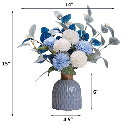 MOOMASS Artificial Flowers with vases, Fake Hydrangea with Eucalyptus Bouquet Combination, Living Room Family Banquet Party Wedding Decoration… - color: Blue