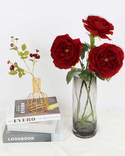 Real Touch Roses Red 2pcs 5.12" Big Red Roses Artificial Flowers Fake Flowers for Decoration Latex Peony Faux Flowers Silk Roses 25.60'' Long Stem for Wedding Home Room Kitchen Decor (Red) - color: Red