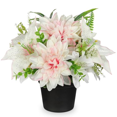 GnFlus Pink Artificial Flowers Small Fake Flowers in Vase Peonies Dahlia Tiger Lily Potted Silk Flower Arrangements Faux Plants & Flowers Home Bathroom Kitchen Table Centerpieces Desk Decor - color: Pink