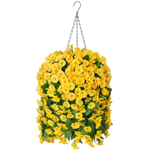 Ammyoo Artificial Faux Hanging Flowers Basket for Spring Summer Outdoor Porch Decor, Fake Silk Colorful Morning Glory Eucalyptus in Planter UV Resistant Look Real for Home Balcony Yard(Yellow) - color: Yellow