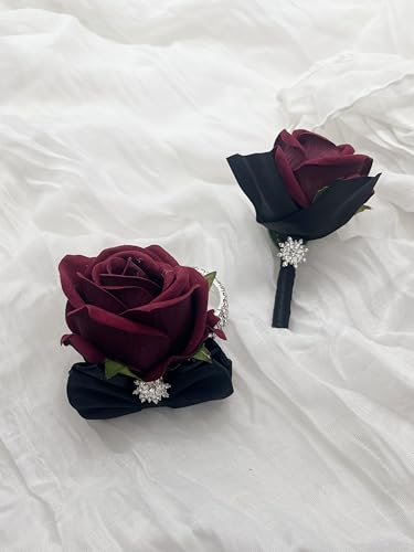 Ting & Cecilly Burgundy Rose Wrist Corsage Boutonniere Set Artificial Flower with Black Satin Ribbon Rhinestone Decor Handmade Silk Flower for Prom Wedding Party Suit Decor - color: Burgundy
