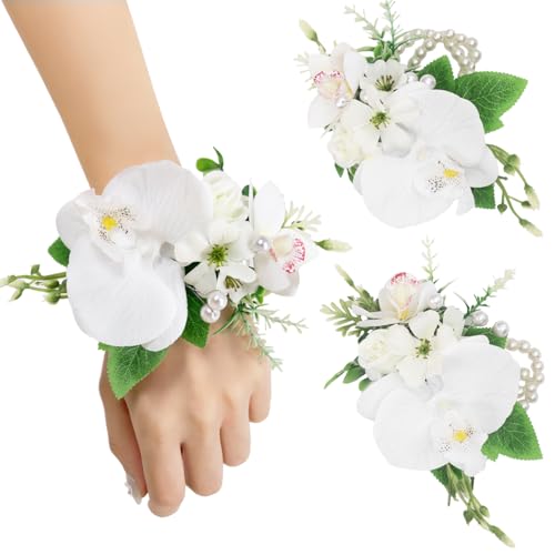 TINGE TIME Set of 2 Wrist Corsage Bracelets Pearl Wristlet Band Bridesmaid Bracelet for Wedding Ceremony Bridal Shower Wedding Artificial Flower Prom (IvoryWhite) - color: Ivory White