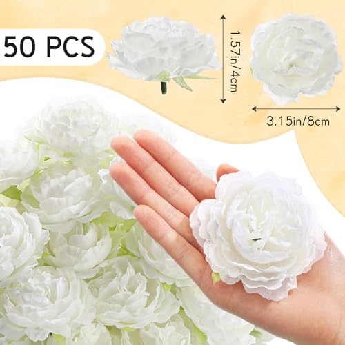 Thiccywoov 50 Pcs Artificial Flowers, 3.2 Inches Silk Rose Head Flowers Fake No Stem for Wedding Bridal Bouquet Home Floral Decor DIY Centerpieces Arrangements Party Tables Decoration(White) - color: White