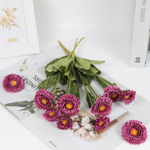 Purple Daisy Flowers Artificial 8pcs Realistic Faux Chrysanthemum Silk Calendula Flowers with Stems for Wedding Bouquet Home Party Decoration(Purple) - color: Purple