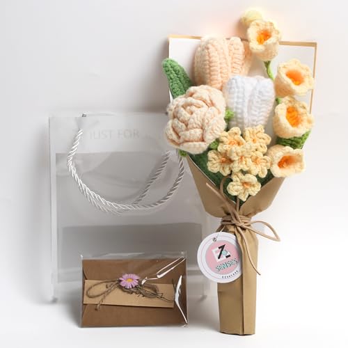 Crochet Flower Bouquet, Handmade Knitted Faux Crochet Flowers for Home Decor Valentine’s Day Anniversary Weddings Birthdays Mother’s Day, Includes Gift Bag and Greeting Card(Mini Yellow) - color: Mini Yellow