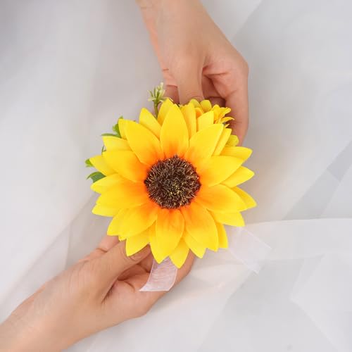 Alizeal 2Pcs of Wrist Corsage and Boutonniere Set, Artificial Flowers Accessories Suit Decor for Wedding Prom Party Homecoming Ceremony, Sunflower - color: 701-sunflower