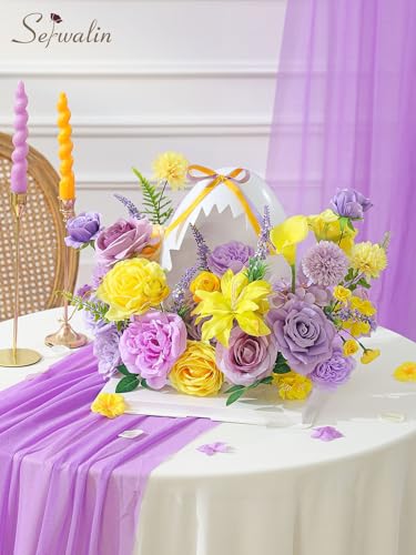 Serwalin Artificial Yellow & Purple Flowers, Silk Fake Roses Flowers, Faux Flowers for DIY Wedding Bouquets Cake Decoration Baby Shower Centerpieces Floral Arrangements Party Decor - color: Purple & Yellow, size: Grand