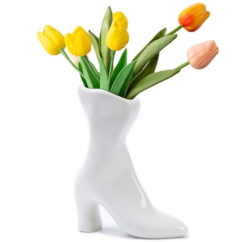 Ceramic Boot Vase for Modern Home Decor,7.9" High Heel Bootie Flower Vase,Quirky Funky Aesthetic Room Decor,Trendy Coffee Table Centerpiece for Women(White) - color: White