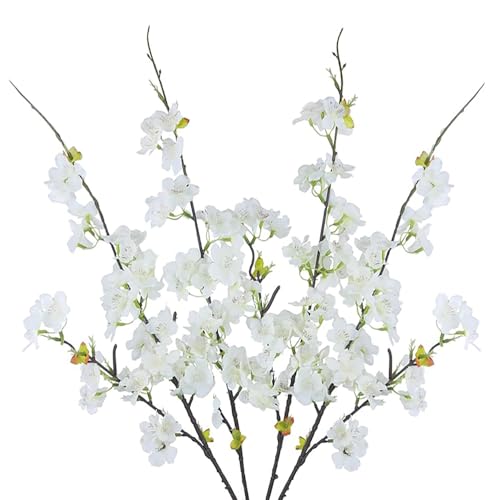 Artificial Flowers Cherry Blossom Branches Fake Flowers,White Silk Peach Flowers Bulk Faux Spring Branches Arrangement Fake Cherry Flowers Stems 4Pcs for Indoor Outdoor Table Vase Deco - color: White