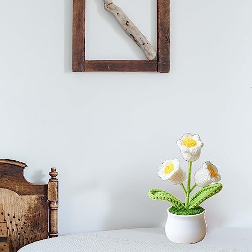 Crochet Flowers Artificial,Small Potted Knitted Orchid of The Bell Flowers for Car Dashboard, Cute Car Crochet Center Console Decoration,Handmade Traditional Home Decoratio(White) - color: White