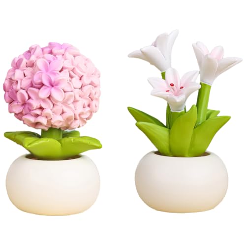 Resin Flower with Pot 2 Pcs Mini Artificial Lily Hydrangea Flowers Potted Plants Figurines for Car Dashboard Home Kitchen Rustic Table Shelf Decor, Pink+White - color: Pink+white