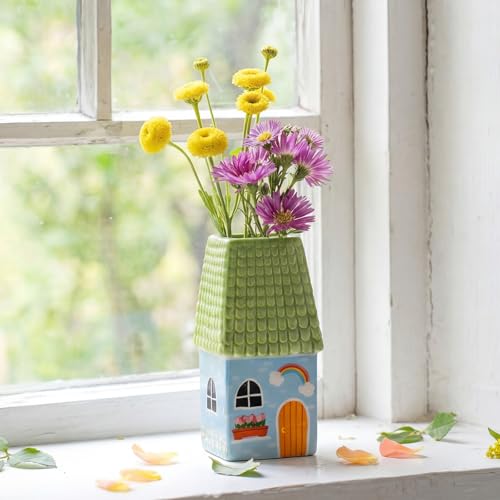 Remerry Ceramic House Shape Vase 2.4 x 3.8 Inch Mini Handmade Vase Decorative Small Flower Container for Living Room Bedroom Farmhouse Home Table Decor Cute Birthday Gift(Green) - color: Green