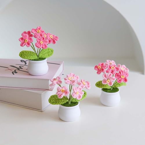 Blync Knitting Crochet Flowers Potted Plants, Fake Forget Me Not Flowers for Friends, Family and Lover, Artificial Handmade Flowers for Valentines Birthday Wedding Gift and Home Decor (Red) - color: Red