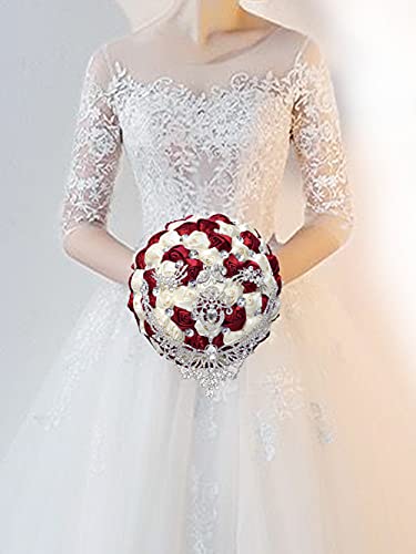 XINNI Handmade Bridal Wedding Bouquet Bride Bridesmaid Satin Rose Flower Bouquet with Drop-Shaped Rhinestone Wedding Decoration Ivory - color: Ivory
