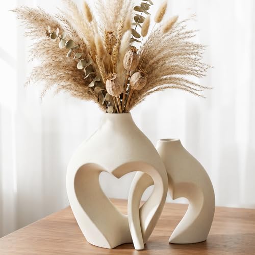 Zormon White Vases for Decor, Heart Shaped Ceramic Vase Set of 2, Nordic Heart Shaped Vases, Minimalist Decorative Vase for Table Centerpiece Wedding Dining Living Room Office House Decoration - color: Pearl White