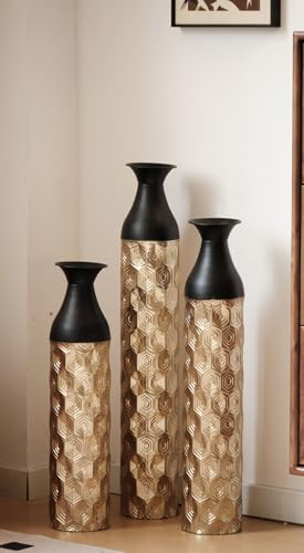 Tall Floor Vases Set of 3 for Decor Living Room Floor, Black and Gold Vases Home Decor, Embossed Body Pattern, 33.8" H/29.1" H/24.8" H Geometric Cylinder (Gold 6) - color: Gold 6