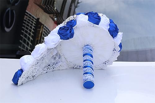 Luxury Cascade Bridal Wedding Bouquet Satin Rose Waterfall Holding Bouquet Artificial Flower Bunch for Bride Bridesmaid(Royal Blue & White, 17.3" x 8.7") - color: Royal Blue & White, size: 17.3"L x 8.7"W(44cm x 22cm)