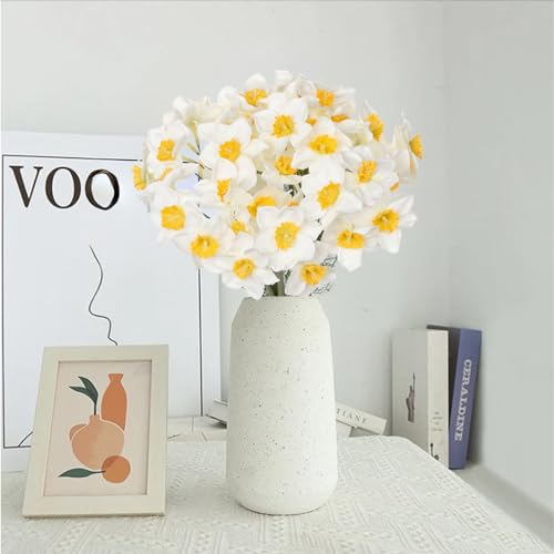 Briful 12 Stems Daffodils Artificial Flowers 2 Bunches Real Touch Fake Narcissus Flower 9in Silk Spring Fake Flowers Wedding Floral Decor Bouquet for Home Party Wedding Office Anniversary Decor,White - color: White#162