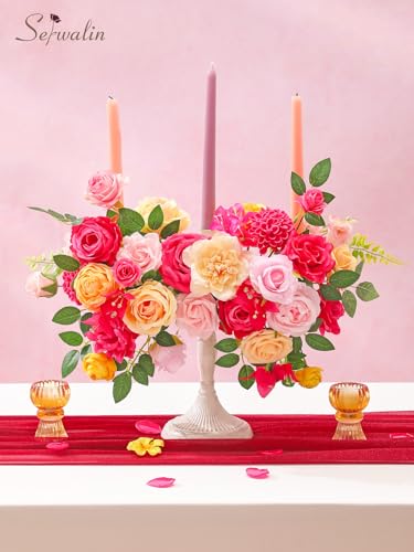 Serwalin Artificial Hot Pink & Yellow Flowers, Magenta Silk Fake Flowers, Faux Flowers for DIY Wedding Bouquets Cake Decoration Baby Shower Centerpieces Floral Arrangements Party Decor - color: A Hot Pink & Yellow, size: 1 Box