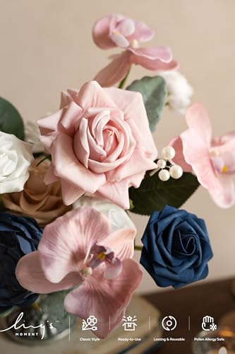 Ling's moment Fake Flowers Box, Faux Artificial Greenery Stems Foam Roses Silk Orchid Ranunculus Fabic Flower for Centerpieces Bouquet Wedding Vase Decorations, Dusty Rose & Navy, Deluxe Combo - color: Pk-dusty Rose & Navy, size: Deluxe