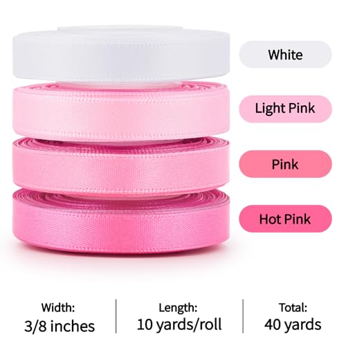Mauproy 3/8 Inch Pink Satin Ribbon, 4 Rolls Total 40 Yards, Double Faced Mixed Pink Thin Ribbon for Gift Wrapping, Flower Bouquets, Crafts, Wedding, Graduation Decorations - color: Pink