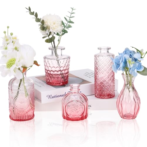 5pcs Pink Glass Bud Vase Set, Small Flower Vases for Centerpieces in Bulk, Mini Vintage Vase for Home, Wedding, Table Decor - color: Pink, size: 5pcs