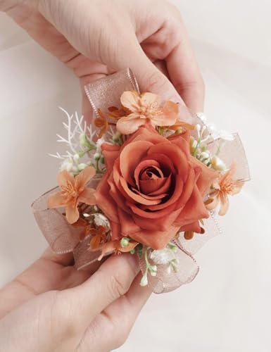 Alizeal 2Pcs of Wrist Corsage and Boutonniere Set, Artificial Flowers Accessories Suit Decor for Wedding Prom Party Homecoming Ceremony, Orange - color: 701-orange