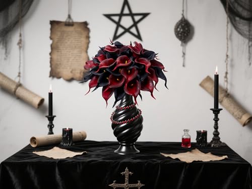 24 Pcs Artificial Calla Lily Flowers Fake Silk Flowers Real Touch for Halloween Wedding Bouquet Office Home Kitchen Decor (Black Red) - color: Black-red