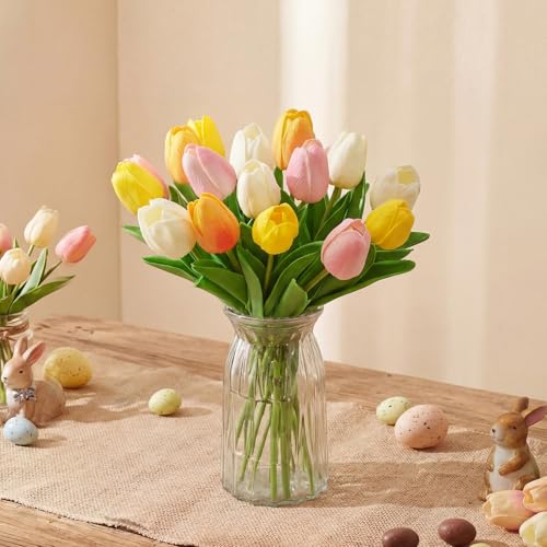 Tigeen 16 Pcs Fake Flowers Tulips 13" Artificial Flower Mother's Gift Day Centerpieces for Tables Decorations for Spring Easter Home Kitchen Wedding Bouquet Bulk
