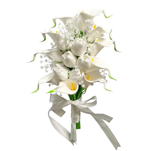 Wedding Bouquets for Bride Bridal Bouquets Artificial Tulips Calla Lily Babys Breath Flowers Bouquet for Wedding Gifts Home Decoration (White) - color: White