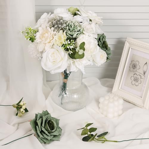 Artificial Flowers Combo Box Set Fake Flowers Dahlia White Roses Green Leaf with Stems for DIY Wedding Bouquets Baby Shower Party Home Decoration - color: Classic White