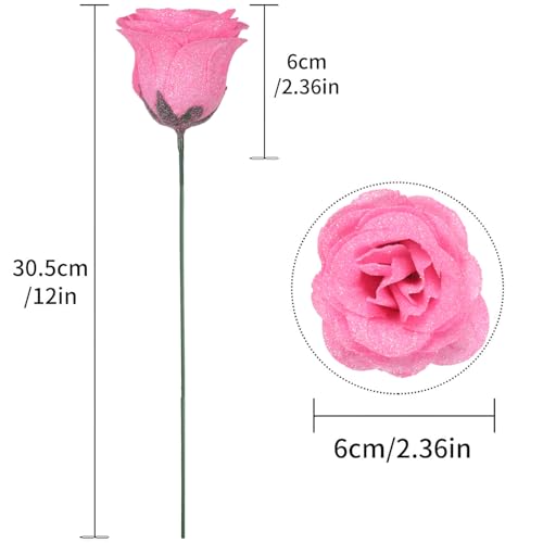 Artificial Roses,30PCS Pink Roses Glitter Roses Bouquet Fake Roses Artificial Flowers for Wedding Bouquet Party Christmas Home Decor(Pink) - color: Pink