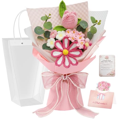 Crochet Flower Bouquet, Pink Handmade Crochet Flowers, Crochet Tulip Flowers with Card Gift for Her Wife Lover Girlfriend Friends Valentines Day Anniversary Birthday Mother's Day Graduation Wedding - color: Tulip