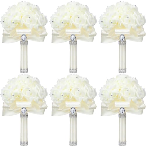 Jutom 10 Pack Wedding Bouquets for Bride Roses Bridesmaid Bouquet Bridal Bouquet Flowers Wedding Hand Holding Bouquet with Diamond Soft Ribbons for Engagement Bridal Shower Church Party (Cream) - color: Cream