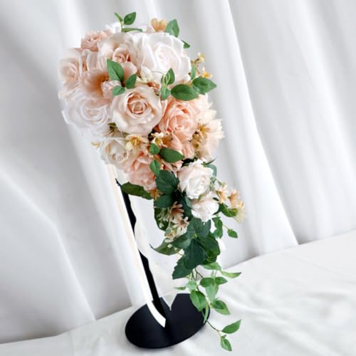 9.8 Inch Cascading Bridal Bouquet Waterfall Cascade Wedding Bouquet Bride with Artificial Rose Flower Rustic Boho Wedding Ceremony Bouquet Light Peach Pink and Champagne - color: Light Peach & Champagne