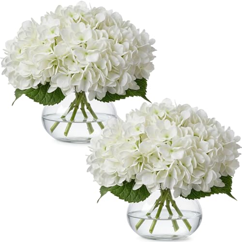 Zeyune 2 Pack Hydrangea Artificial Flowers with Vase Faux Hydrangea Flowers Fake White Silk Hydrangeas with Faux Water for Home Table Centerpieces Wedding Baby Shower Birthday Party Decoration - color: White, style: Hydrangea