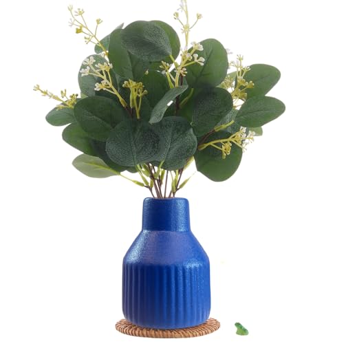 Artificial Eucalyptus Greenery Stems in Ceramic Vase 10Pcs Fake Plants Eucalyptus Leaves for Centerpiece Table Decorations Home Room Decor Office Desk Decor Greenery Decor Indoor (Blue) - color: Blue