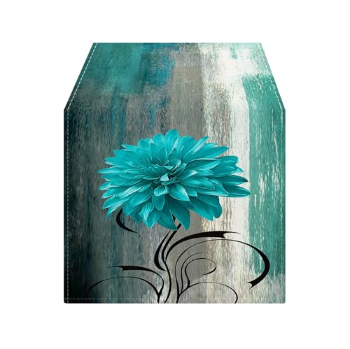 OYIMUA Soft Thick Chenille Teal and Grey Table Runner 72 Inches Long Vintage Abstract Painting Flowers Spring Summer Rustic Dining Table Decorations for Home Indoor Outdoor - size: 13" x 72", Table Runner, style: Teal